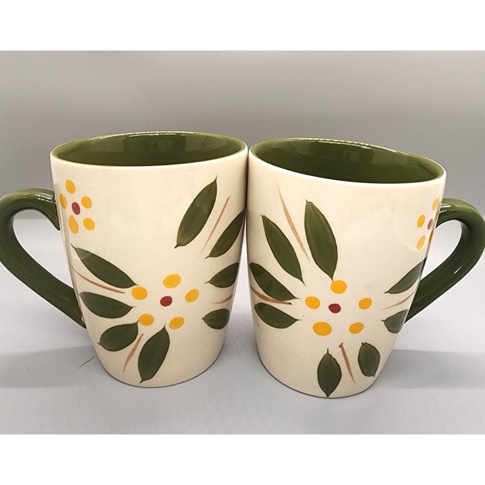Temptations Old World Vivid  Green Floral  12oz Coffee Tea Mug Set Of 2